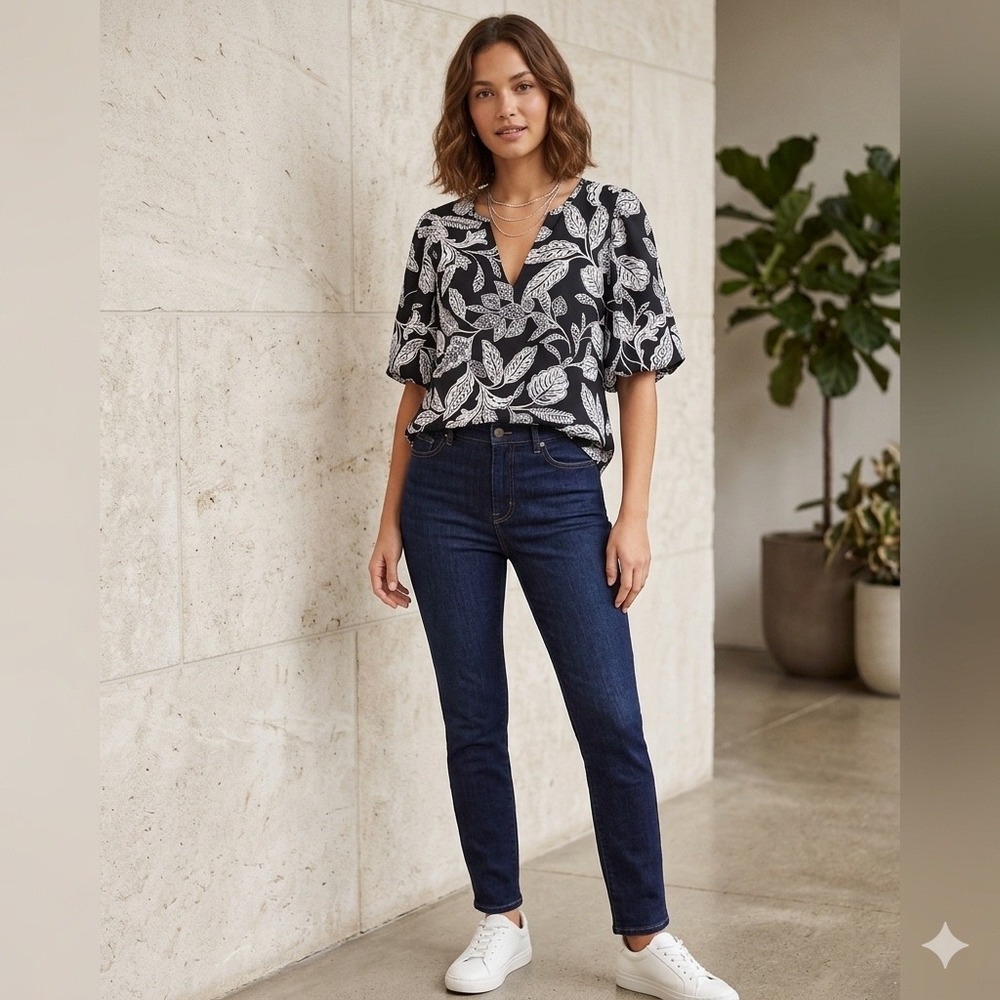 Ann Taylor Factory Womens Size Medium Blouse Black White Tropical Floral Leaf
